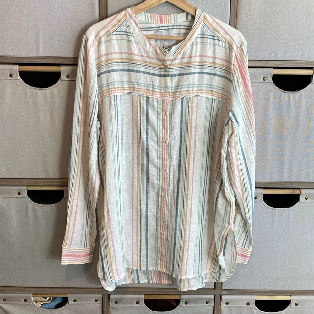 NWT Rails Striped Button-Down Linen Blend shirt in Cream, Pink, Blue and Green